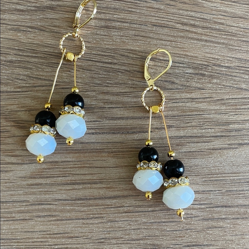 HAND CRAFTED MONOCHROMATIC DANGLE EARRINGS Black Glass & White Faceted Crystals